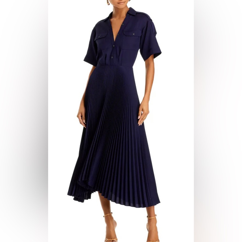 A.L.C. Liam Pleated Jersey Midi Dress Navy size 10 Asymmetric Utility Trench NWT